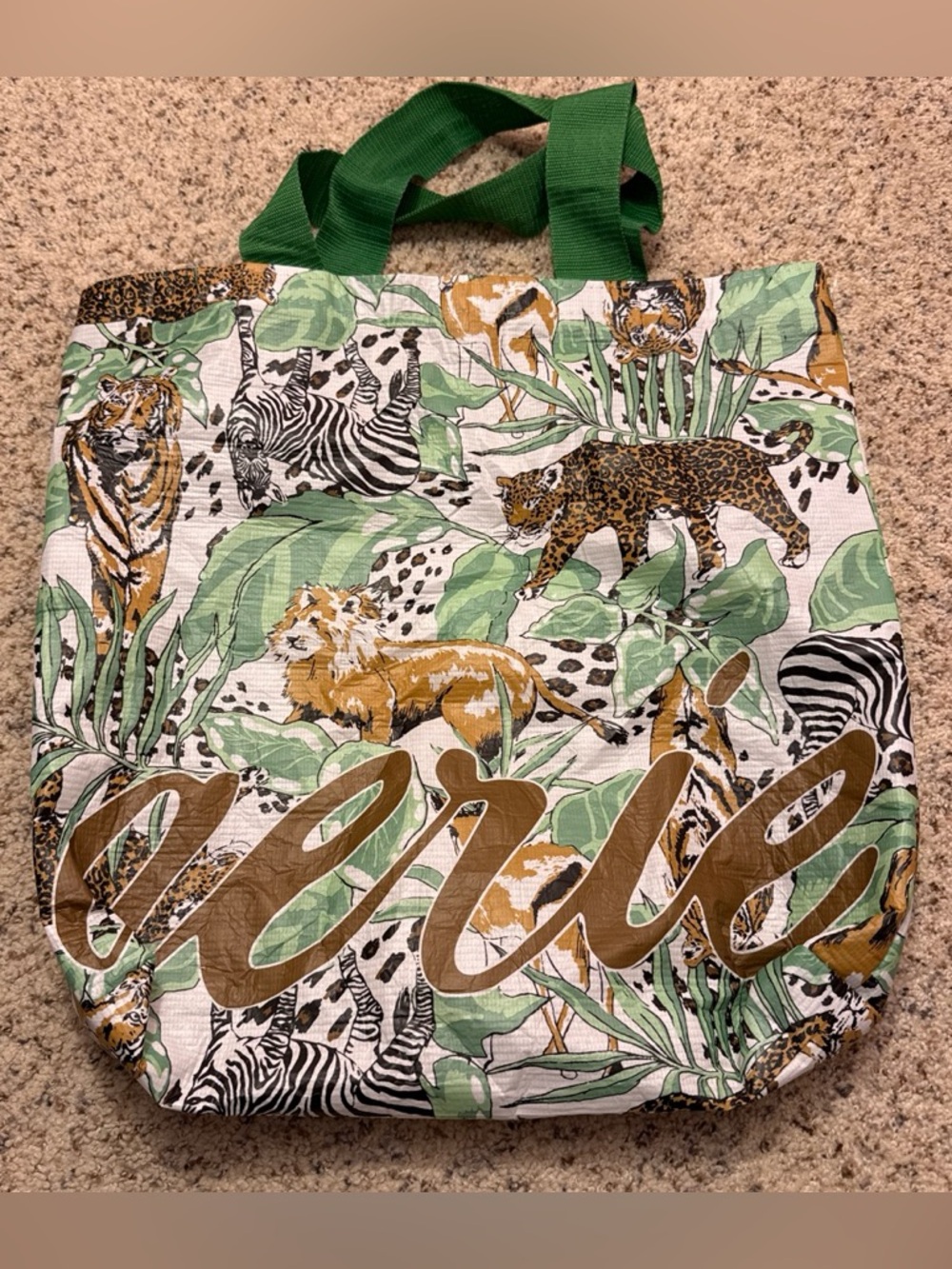 aerie Green Jungle Print Tote Bag with Brown Script